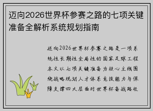 迈向2026世界杯参赛之路的七项关键准备全解析系统规划指南