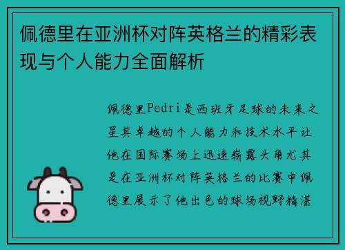 佩德里在亚洲杯对阵英格兰的精彩表现与个人能力全面解析