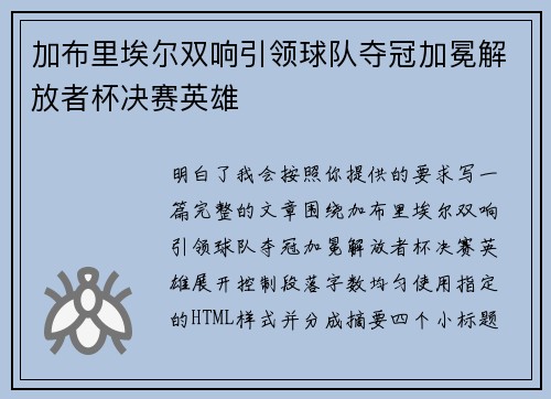 加布里埃尔双响引领球队夺冠加冕解放者杯决赛英雄